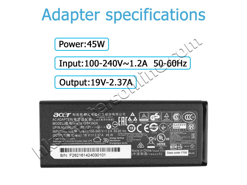 原廠 45W Acer KP.04501.012 Charger 充電器 電源 + 電源線