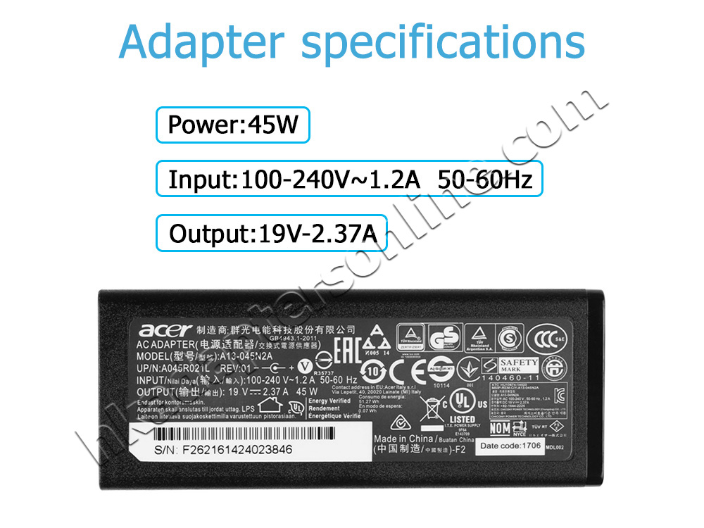 原裝 45W Acer Aspire 3 A315-32 Charger 充電器 電源 + 電源線