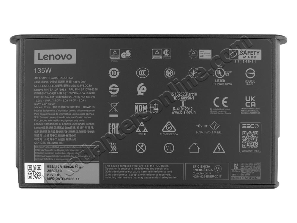 原廠 135W USB-C Slim Lenovo 5A10W86297 Charger 充電器 電源 + 電源線